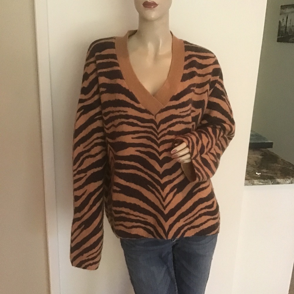 Rails Eleanor V-Neck Sweater Chestnut Tiger Stripe Wool‎ Cashmere Blend L Animal